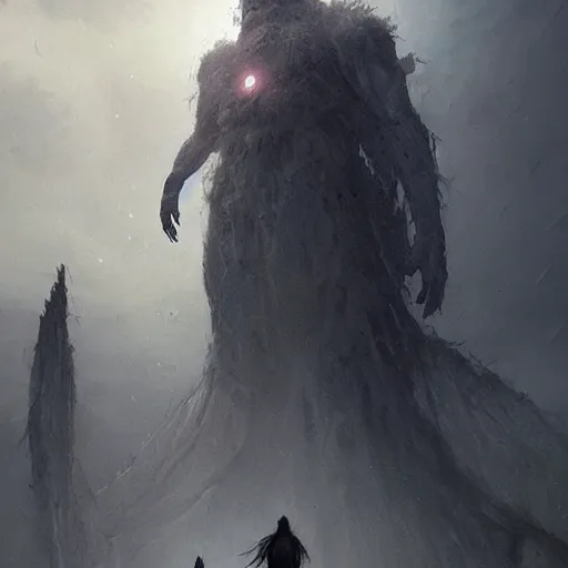 Image similar to a beautiful terrifying immense pale humanoid giant looms over a tiny human. ethereal horror fantasy art by greg rutkowski