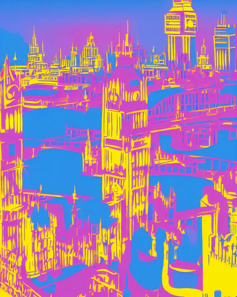 Image similar to city of london, london bridge, big ben, bright colors, in the style of hiroshi nagai, very detailed