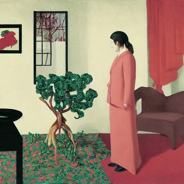 Prompt: a female pathology student in her apartment, wild berry vines, pig, black walls, ikebana, snakes, black armchair, sculpture, acrylic on canvas, surrealist, by magritte and monet