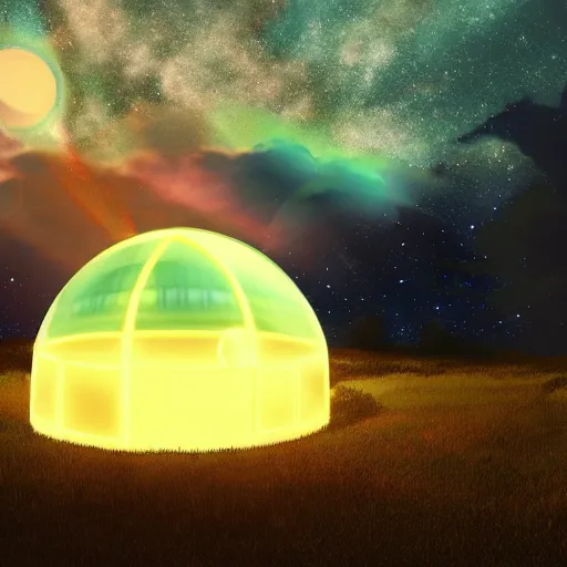 Prompt: glowing sci-fi dome in a rural setting in style of Hiroshi Yoshida