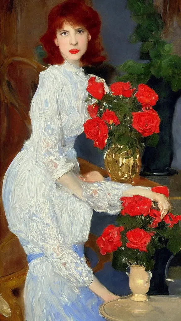 Image similar to clear face of young julee cruise in detailed golden sleeve balloon lace dress beside a pot of red roses set near a persian blue detailed pot by john singer sargent