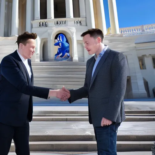 Prompt: Elon Musk shakes hands with Sonic the Hedgehog in front of the capital building. Photographic quality.