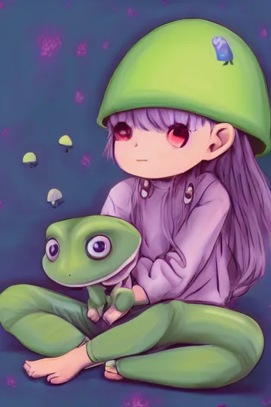 Prompt: a beautiful little girl wearing a mushroom hat sitting in her room petting a frog in her lap | | purple hair, pretty face, sharped details, in ryuuou no oshigoto art style, trending on pixiv, anatomically correct