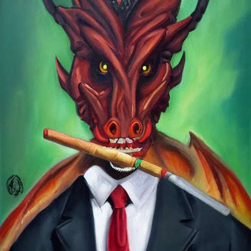 Prompt: an oil painting portrait of a dragon wearing a suit and smoking a cigar