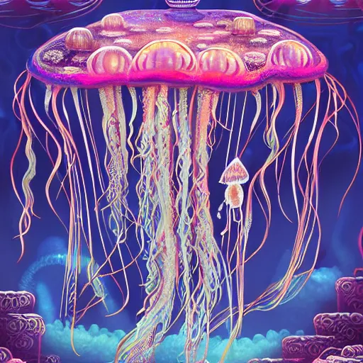 Image similar to A painting of priestesses worshipping at the jellyfish temple, shrouded in mist, jellyfish god, jellyfish priestess, jellyfish shrine maiden, 8K, illustration, art by BambooWu, smoke, undersea temple with fish, cinematic, insanely detailed and intricate, hypermaximalist, elegant, super detailed, award-winning, magenta and crimson and cyan, rainbow accents, iridescence, bioluminescence, mysterious, ancient, ritual, trending in cgsociety, artstation HQ, ornate, elite, haunting, matte painting, beautiful detailed, insanely intricate details, dreamy and ethereal, otherworldly