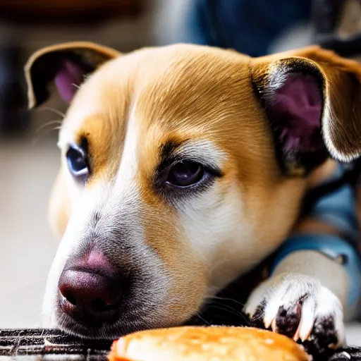 Prompt: macro image of a super cute dog puppy that is eating a cheeseburger