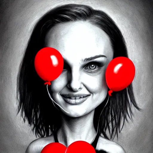 Prompt: surrealism grunge cartoon portrait sketch of natalie portman with a wide smile and a red balloon by - michael karcz, loony toons style, chucky style, horror theme, detailed, elegant, intricate