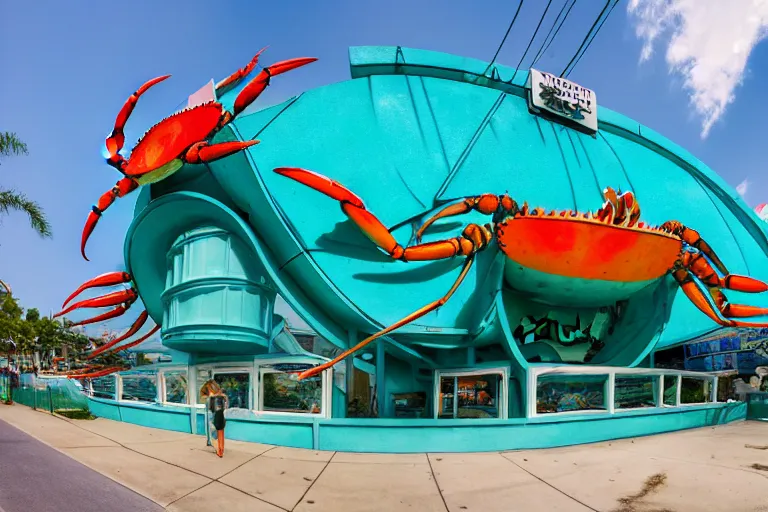 Image similar to 1 9 8 5 crab themed giant aquarium, googie architecture, one point perspective, americana, fishcore, exterior photography, hd 8 k, taken by alex webb