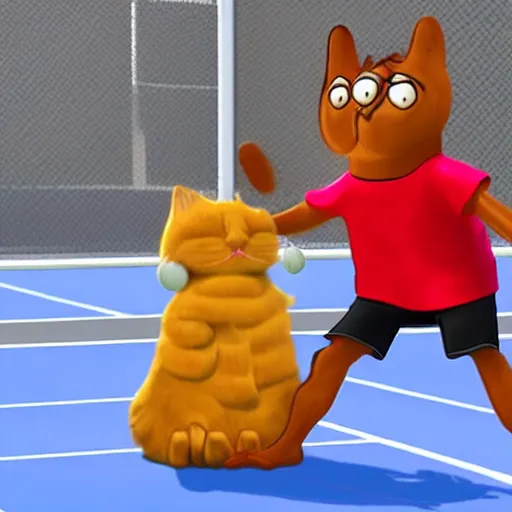 Image similar to A humanoid fridge is playing tennis against Garfield the cat