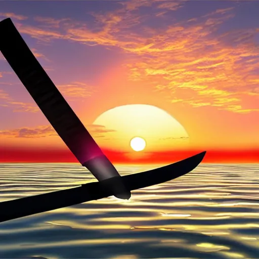 Image similar to a floating sword in front of a sunrise, extremely realistic and beautiful