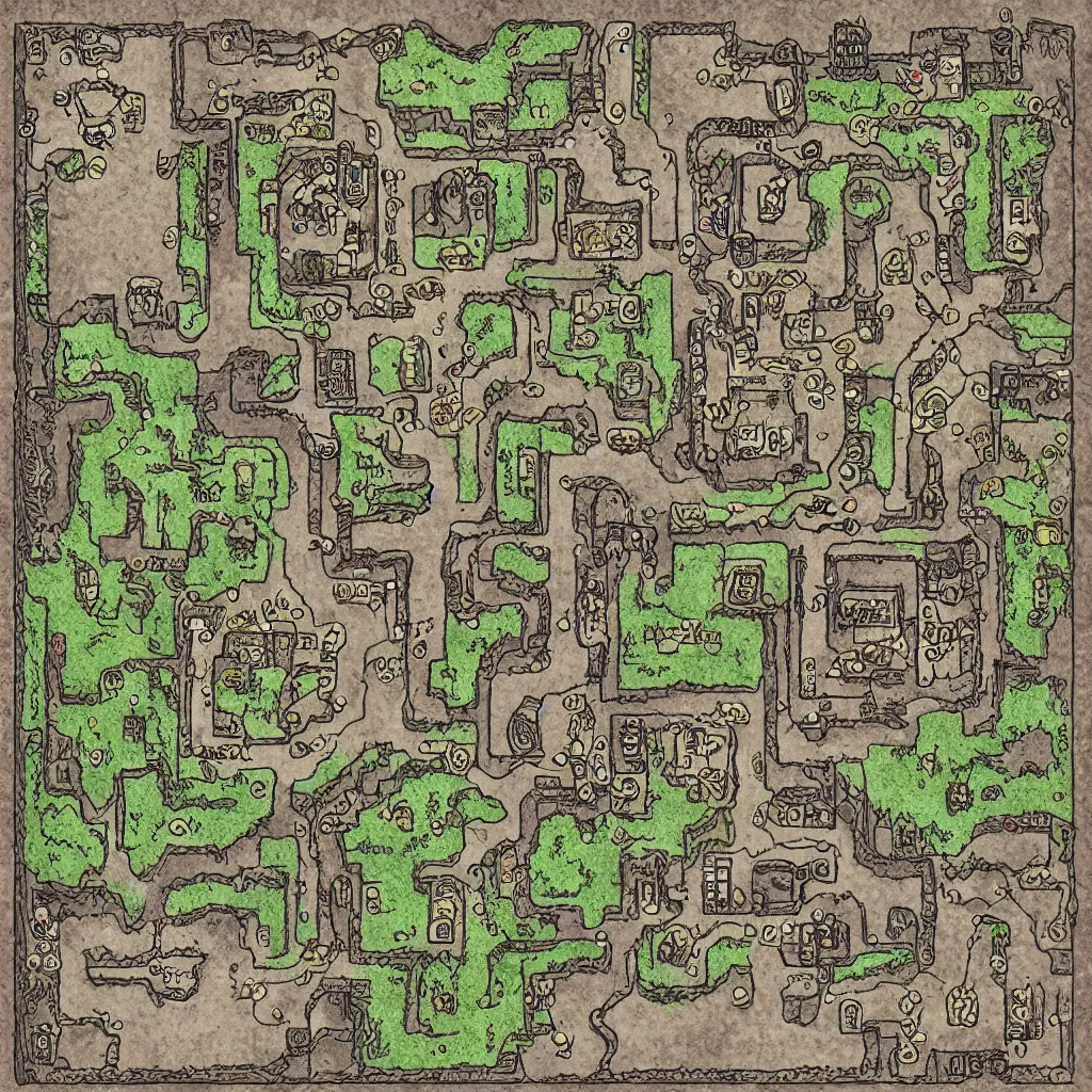 Prompt: dungeon map by dysonlogos, nine rooms, map of osr dungeon, 1 0 foot, map of tomb of horror, high resolution,