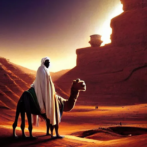 Image similar to an african moor wearing white robes pulling a robot camel through the valley of the kings, by greg rutkowski and android jones, oil on canvas, 8k, synthwave sunset