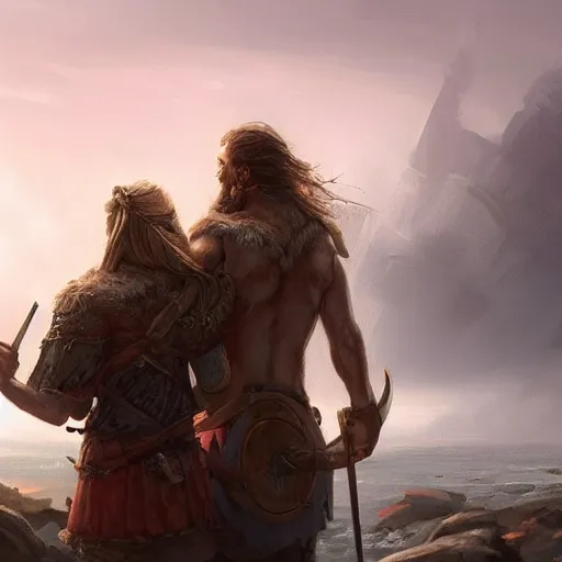 Image similar to epic portrait two viking couple holding hands and watching a city being destoryed in far distance, Blurry backround, explosions, cloudy, digital painting, artstation, concept art, soft light, hdri, smooth, sharp focus, illustration, fantasy, intricate, elegant, highly detailed, D&D, matte painting, in the style of Greg Rutkowski and Alphonse Mucha and artemisia, 8k, highly detailed, jurgens, rutkowski, bouguereau, pastoral, rustic, georgic