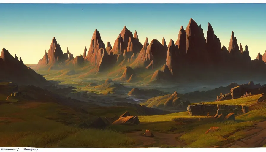 Image similar to landscape painting of Nagrand from World of Warcraft, art by chesley bonestell