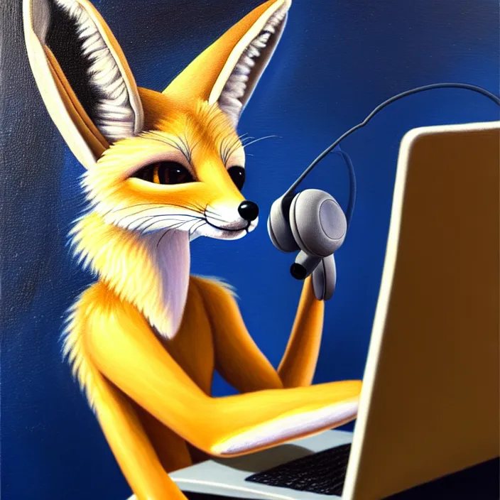 Prompt: a photorealistic painting of an anthropomorphic fennec fox wearing headphones, laptop, oil on canvas, furry, soft lighting