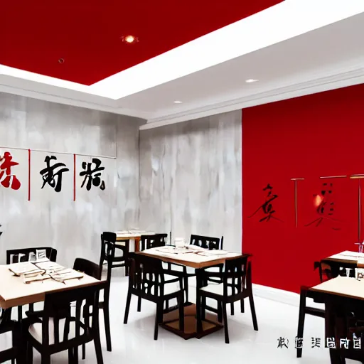 Image similar to a beautiful simple interior render of roasted string hotpot restaurant restaurant yan'an, wall corner, from china, red paper wall and white tile floor, white porcelain table, with merchant logo, fine simple delicate structure, chinese style, simple composition, simple style structure decoration design, victo ngai, 4 k hd