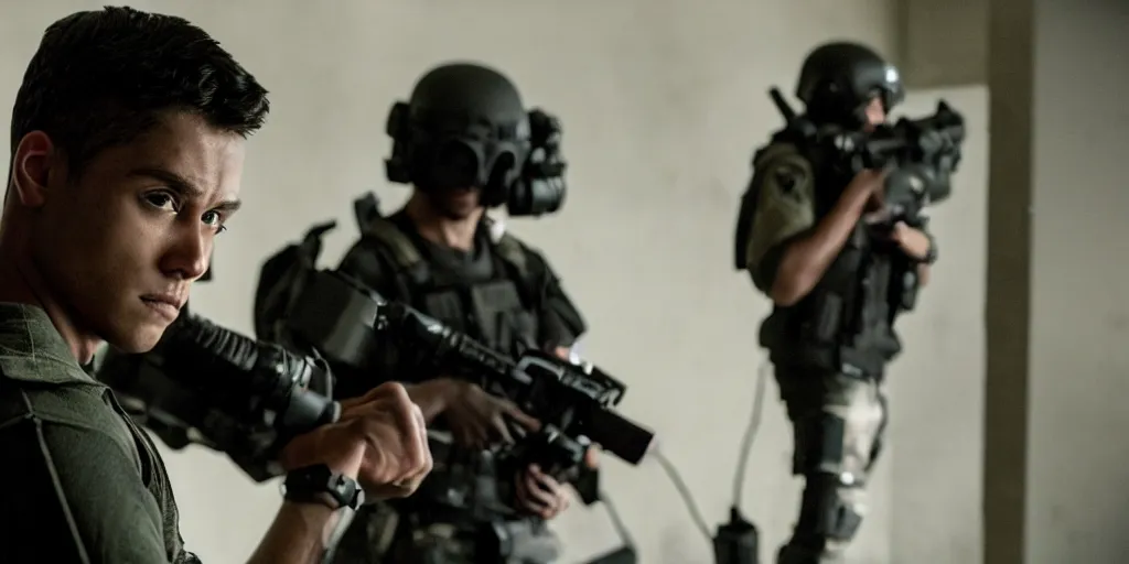 Image similar to vfx film, swat team squad crew, breach and clear, gang house, flat color profile low - key lighting award winning photography arri alexa cinematography, cinematic beautiful natural skin, famous face, atmospheric cool color - grade