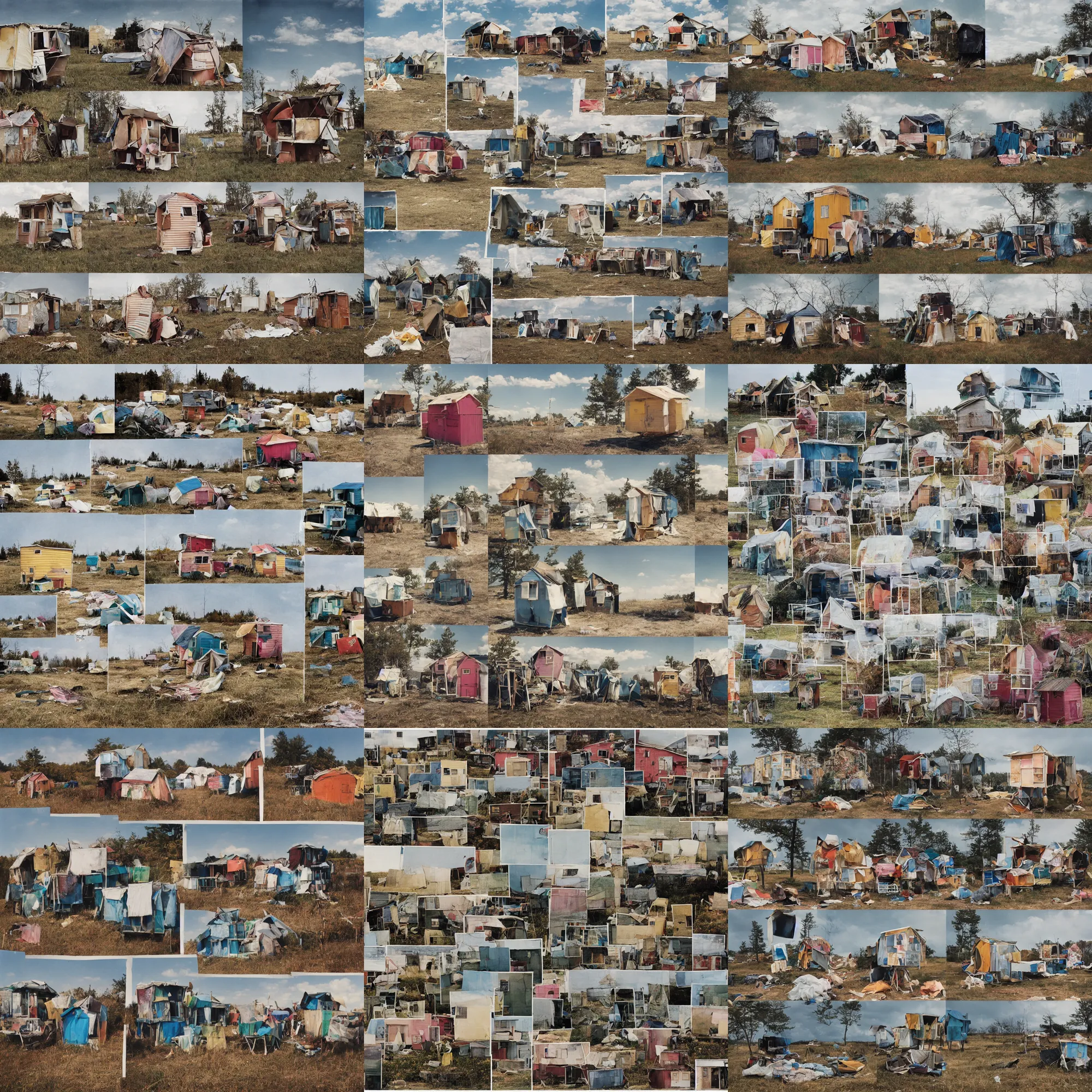 Prompt: a collage of tens of makeshift squatter shacks with bleached colours, mamiya, 8 5 mm, f 1. 7, fully frontal view, uniform plain sky, light leaks, digital glitches, photographed by julie blackmon