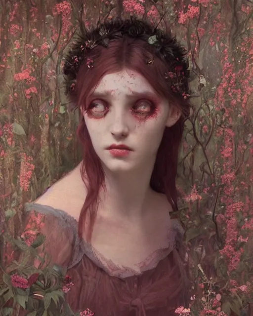 Image similar to a beautiful but sinister and creepy woman in layers of fear, with haunted eyes, violence in her eyes, putting on lipgloss, 1 9 7 0 s, seventies, delicate embellishments, a little blood, woodland, moonlight shining on wildflowers, painterly, offset printing technique, by alexandre cabanel