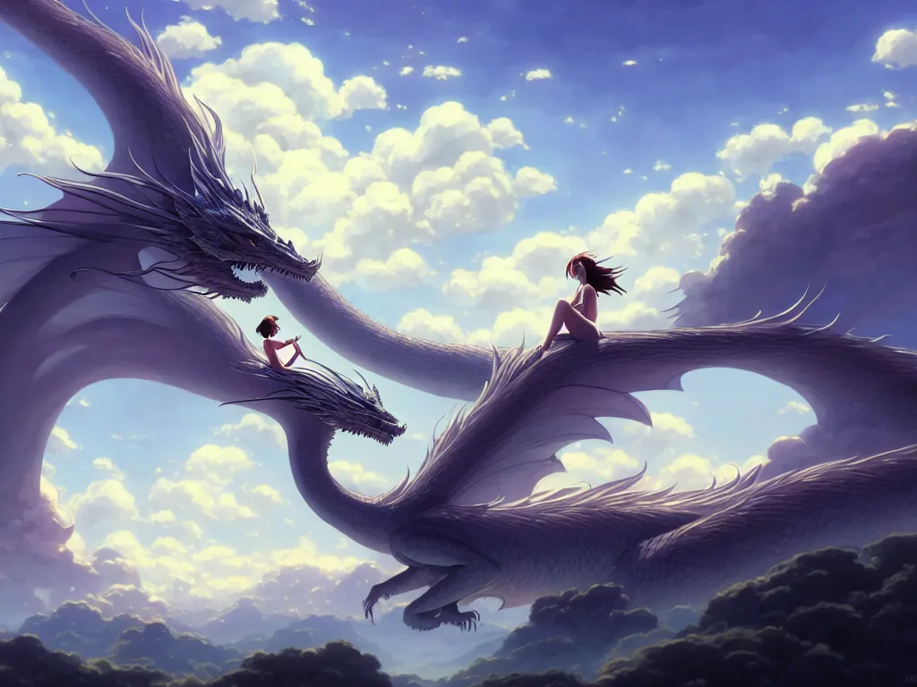 Image similar to a vast scene, panorama distant view, hyper detailed scene render of a beautiful girl sit on a huge silver dragon back, in the white clouds fairyland, animation portrait concept art, style of makoto shinkai, xision, james jean and peter mohrbacher, studio ghibli, artgerm, karol bak, beeple, 4 k hd, animation style