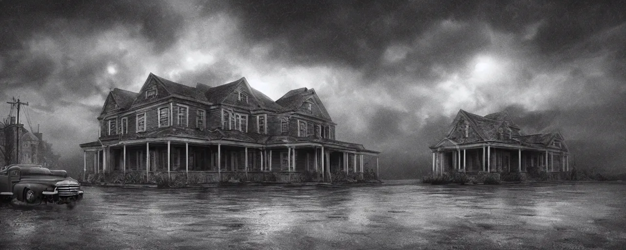 Image similar to Lovecraft Country, ultra detailed haunted house, ultra detailed storm clouds, establishing atmospheric shot, octane renderer, unreal engine, F11 aperture, night, volumetric fog, lighting and thunder, stormy weather, ultra detailed rain drops, reflections, film grain, single ultra detailed grey 1948 Packard Station Sedan parked in the street,