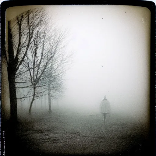 Image similar to the fog is thick shelter for ghosts, polaroid photography in style of andrey tarkovski, eerie, mystical, sublime