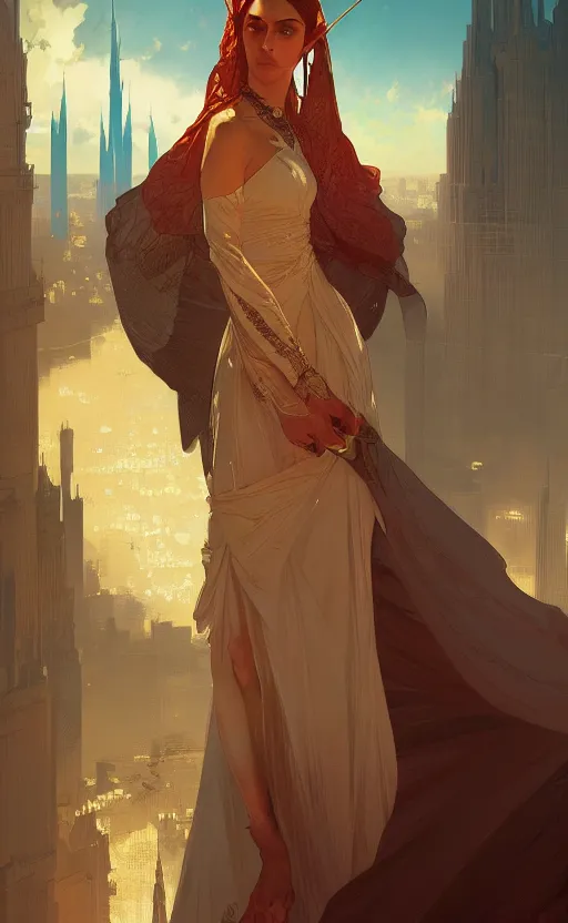 Prompt: a personification of the United Arab Emirates, highly detailed, digital painting, artstation, concept art, sharp focus, illustration, art by greg rutkowski and alphonse mucha