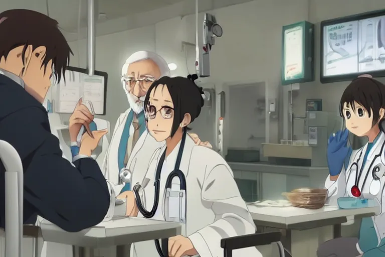 Image similar to a cute young female doctor wearing white coat are serving an old man in a wheelchair in a hospital, slice of life anime, lighting, anime scenery by Makoto shinkai