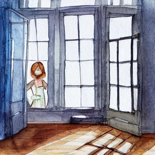 Image similar to person in pyjamas standing near window, sun rays, daylight, big french door window, big spatious room, 2 4 mm, wooden floor, modern, pastel palette, winter sun, photorealistic, high ceiling, watercolor painting