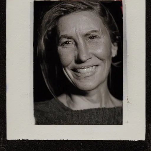 Prompt: portrait of smiling woman. hq photo, surreal, harsh lighting. polaroid type 6 0 0. fear. unnerving. menacing. supernatural. horror.