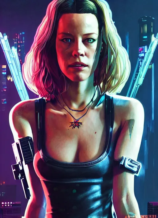 Prompt: portrait of Elizabeth Banks as a drug addicted character in Cyberpunk 2077, looking at camera, intricate, dystopian, sci-fi, extremely detailed, digital painting, artstation, concept art, smooth, sharp focus, illustration, intimidating lighting, incredible art by artgerm and greg rutkowski and alphonse mucha and simon stalenhag