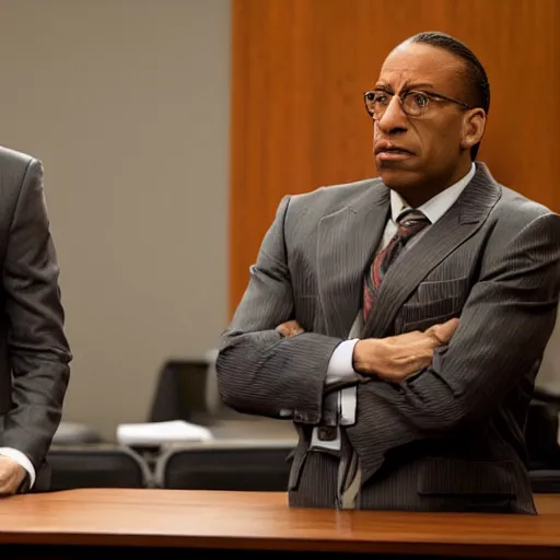 Image similar to saul goodman and gus fring sitting in a courtroom