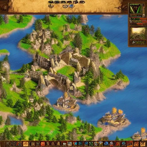 Prompt: map of age of empires video game, procedural, AOE2 , civilization, river, forest, cave, mountain, woods, hills, buildings, Insane Details, Digital Art, Epic Atmosphere, Extremely Detailed