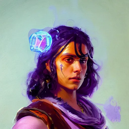 Prompt: an oil art portrait of young roma mage with purple neon magic in style of disco elysium character, paladin character design from d & d, art by anders zorn, wonderful masterpiece by greg rutkowski, beautiful cinematic light, american romanticism by greg manchess, jessica rossier