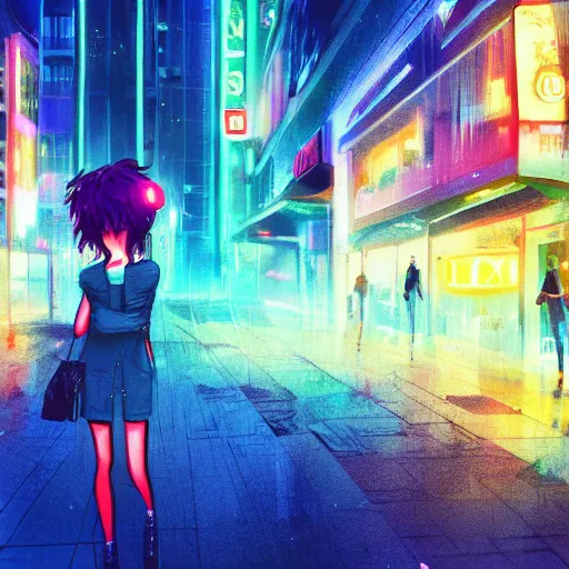 Image similar to woman lost in a city at night, neon lights, awesome, digital art, anime