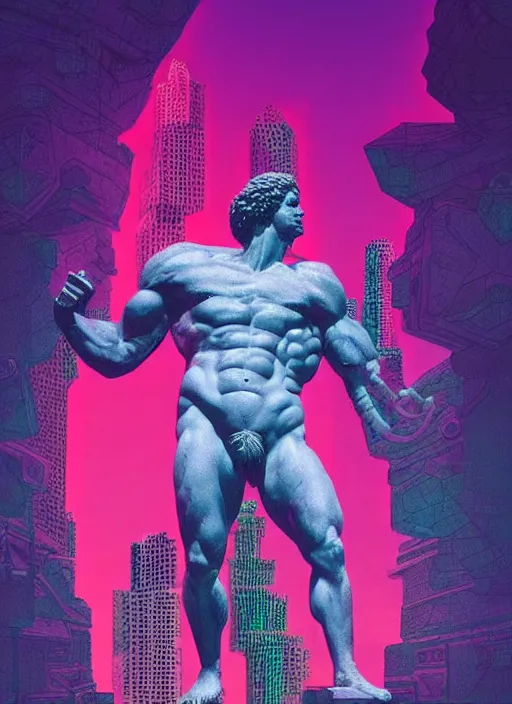 Image similar to statue of hercules, beeple, android jones, ( ( ( ( ( dan mumford ) ) ) ) ), vaporwave, retrowave, black background, neon wiring, black, glitch, strong contrast, cuts, pinterest, trending on artstation