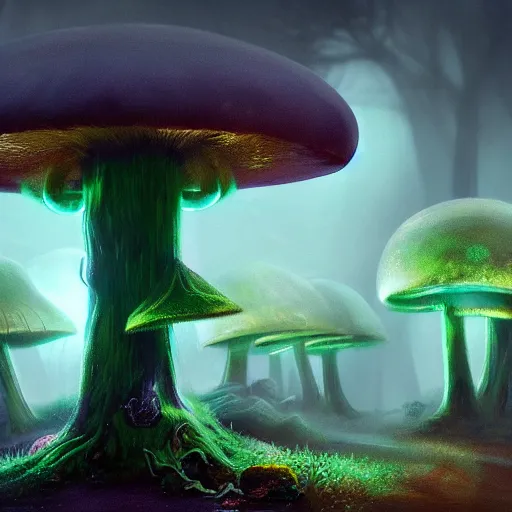 Prompt: eerie glowing mushroom forest, fantasy landscape, 8k, ultra detailed, concept art, trending on artstation