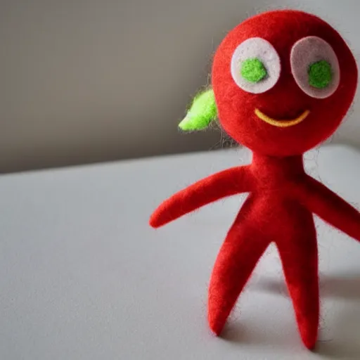 Prompt: creepy strawberry critter felt doll