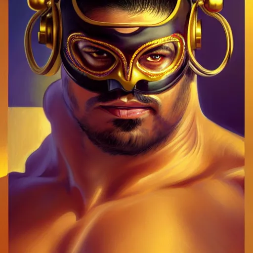 Prompt: portrait of lucha libre dj, muscular, headphones, thick golden ring around the neck, fantasy, intricate, elegant, highly detailed, digital painting, artstation, concept art, smooth, sharp focus, illustration, art by artgerm and greg rutkowski and alphonse mucha