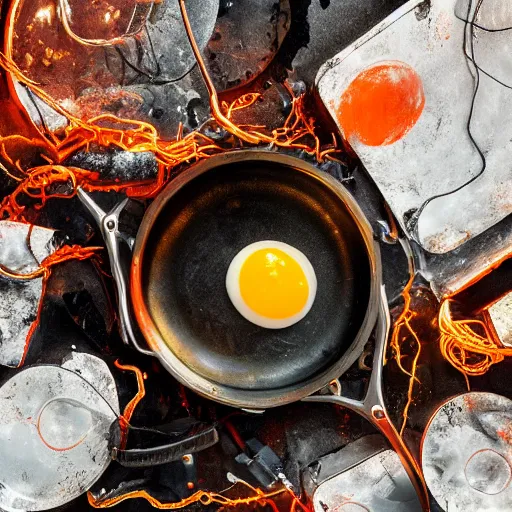 Prompt: fried egg in a red hot frying pan, tangles of metallic cables, dark messy smoke - filled cluttered workshop, dark, dramatic lighting, orange tint, sparks, plasma charges, cinematic, highly detailed, sci - fi, futuristic, movie still