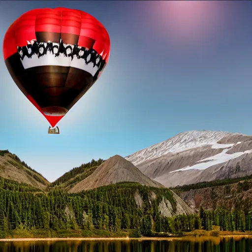 Prompt: realistic extremely detailed photo of a hot air balloon flying above a beautiful reflective mountain lake, two black swans swimming in the lake, touching heads, forming a heart with their necks, granular detail, oil on canvas, intricate, portrait, 8k highly professionally detailed, HDR, CGsociety, octane render, 4k, f32,55mm photography, wide angle