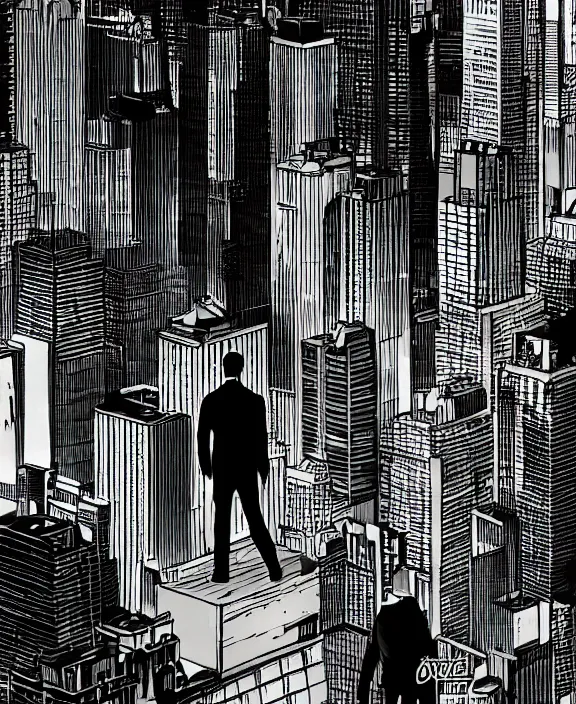 Prompt: human standing on top of the building, watching the city at night, skyline shining on the background, noir comics style, sharp focus, less detailed, 8 k, high resolution