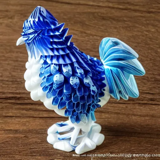 Image similar to beautiful, glorious crystallized porcelain origami chicken emperor, blue and silver colors, intricate details, realistic, reflective 3 d rtx hd