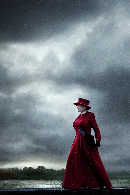 Prompt: Queen Elizabeth getting caught in the rain. Pixar animation, sharp, Rendered in Redshift and Unreal Engine 5 by Greg Rutkowski, Bloom, dramatic moody high contrast lighting, dusk, dramatic stormy sky, single light showing in palace