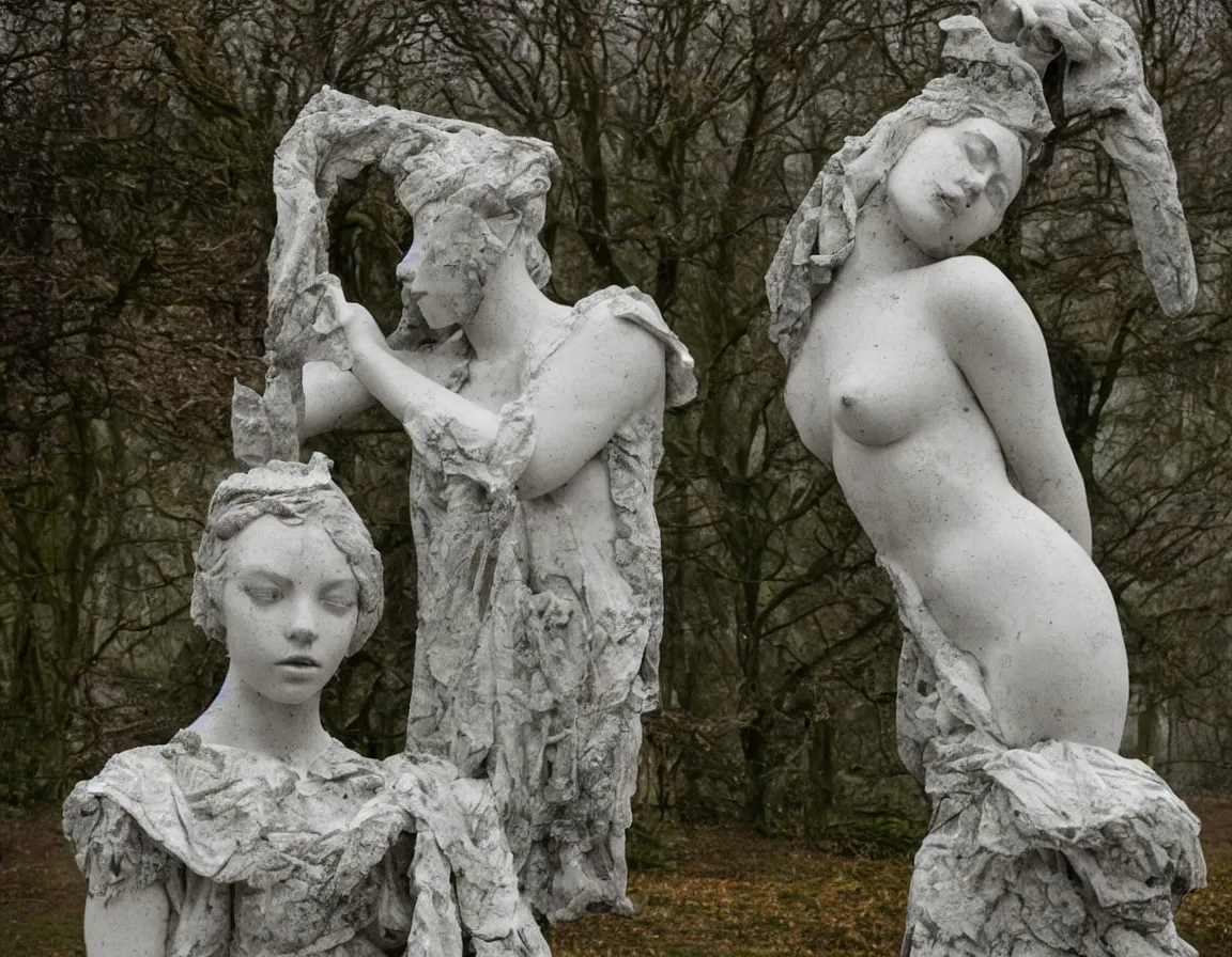 Image similar to broken marble sculpture of anya taylor joy in a foggy castle garden, gloomy, photography