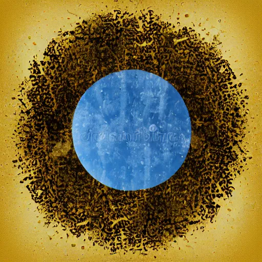 Image similar to white and gold powder splash smoke made of perfect circle with a tree inside, light background, 3d, texture