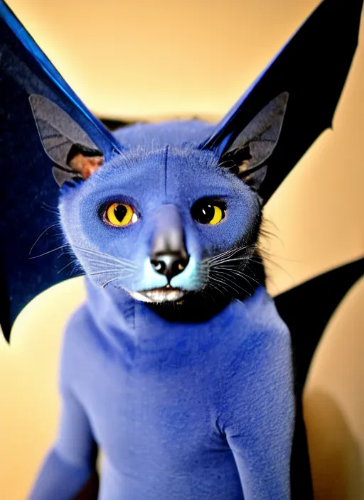 Image similar to a blue - and - black male catbat fursona with blue / green heterochromatic eyes ( differently - colored eyes, one eye green, one eye blue ) and huge bat ears, photo of the catbat streaming on his computer