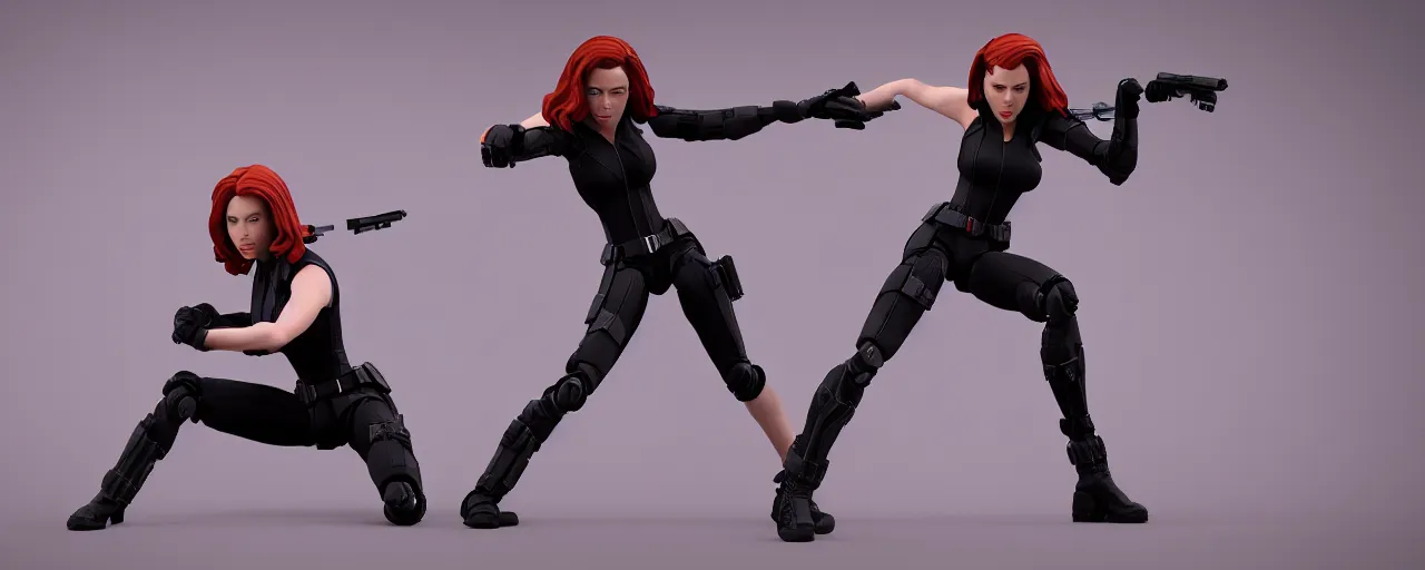 Image similar to action figure of Black Widow Scarlett Johansson in a dynamic pose, full subject in frame, cinematic, vray rendering, 3d occlusion