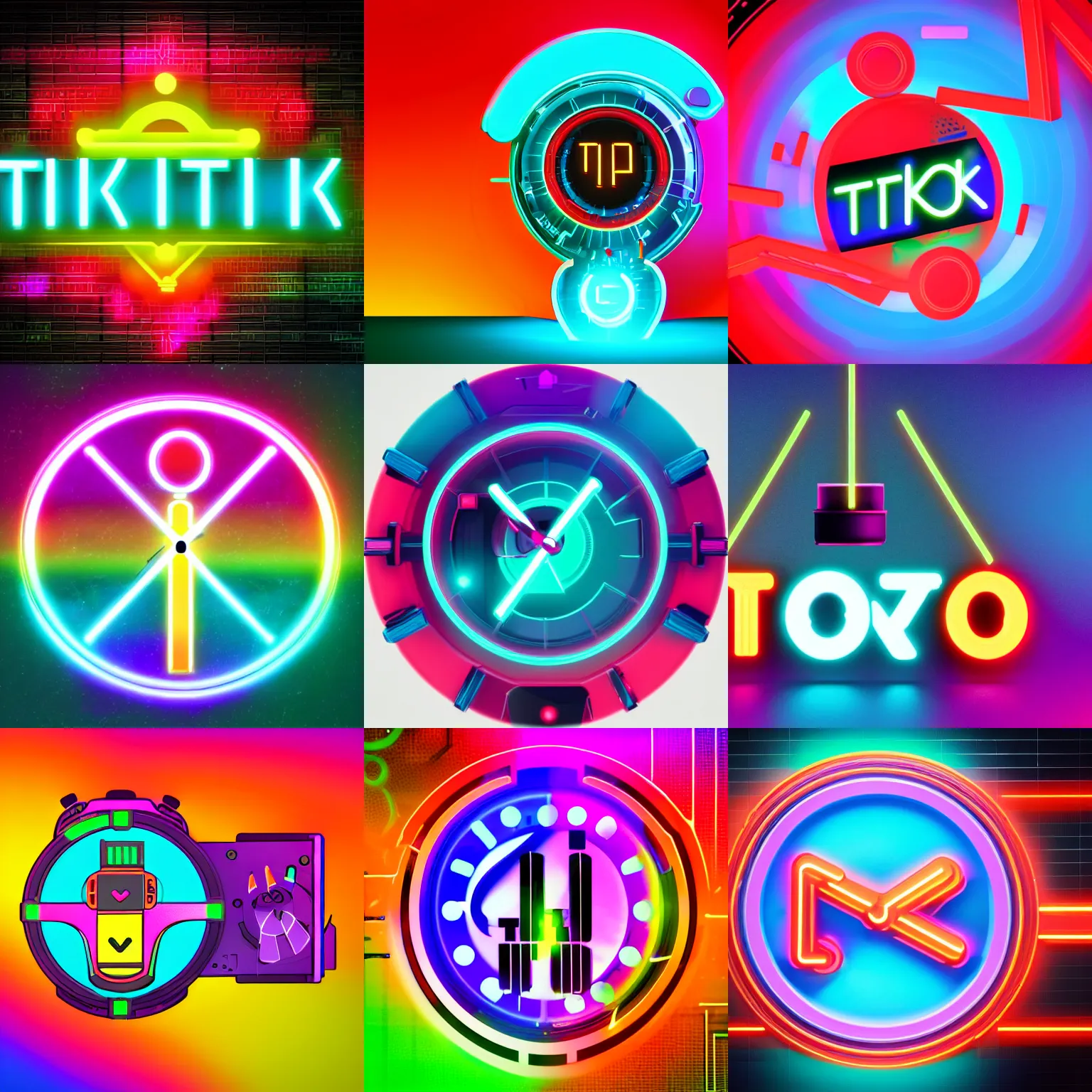 Prompt: Tik-tok logo, colorful, cyberpunk, neon, future, very detailed product render, no text