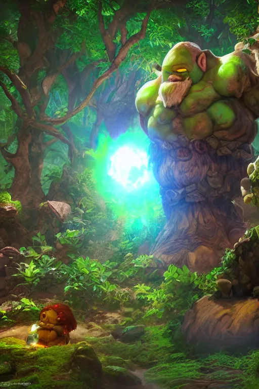 Image similar to arcane fantasy art giant golem elemental wood rock bastion forged gemstone enchanted forest troll, global illumination ray tracing hdr fanart arstation by sung choi and eric pfeiffer and gabriel garza and casper konefal lisa frank zbrush central hardmesh radiating a glowing aura